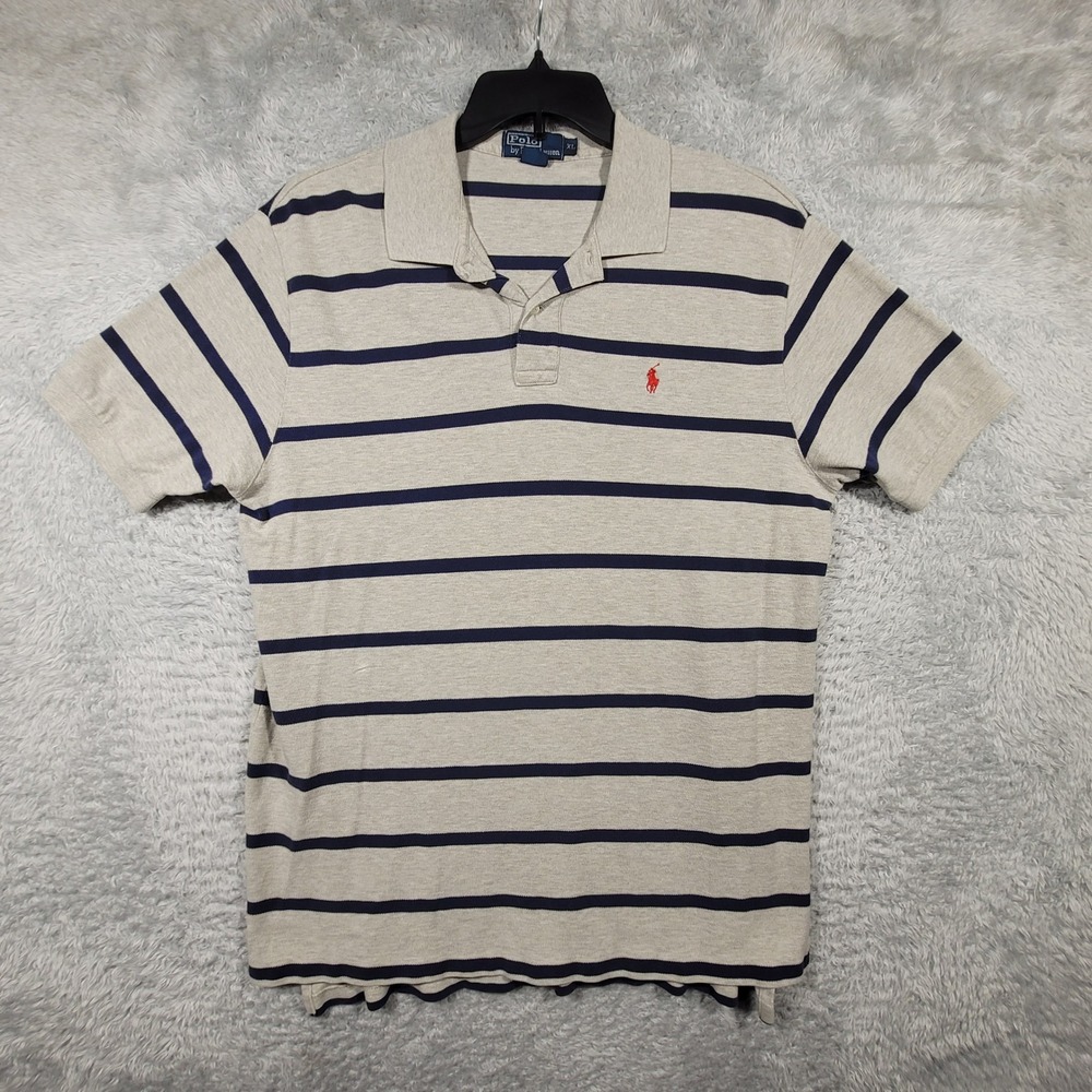 Polo Ralph Lauren Mens Striped Short Sleeve Polo Shirt XL Gray‎ Navy Cotton